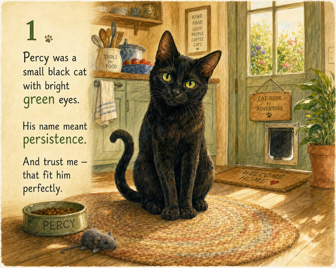 Page 1: Percy was a small black cat with bright green eyes. His name meant persistence.