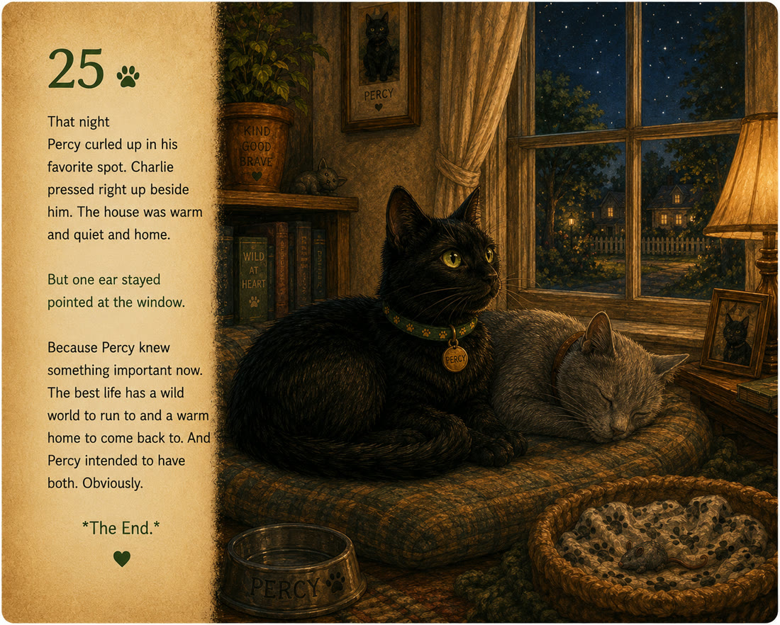 Page 25: That night Percy curled up in his favourite spot. The End.