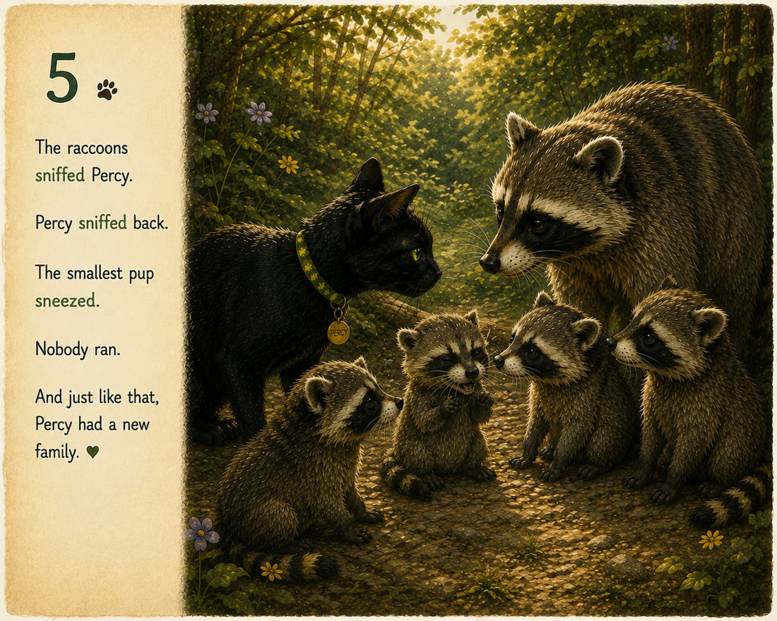 Page 5: The raccoons sniffed Percy. Percy sniffed back. Nobody ran.